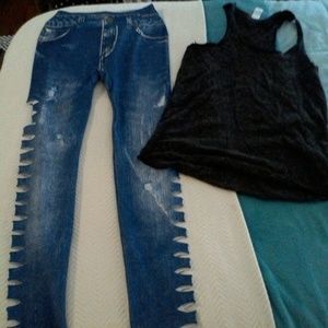 Stretch leggings. Jean pattern w/ cut-outs.